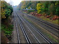 View from footbridge over railway towards Woking Station