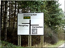 TM0261 : Roadsign on the former A14 by Geographer