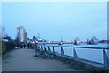 View of the Thames Barrier lighting up at dusk