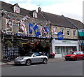 Flag-bedecked building in High Street, Malmesbury