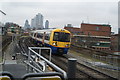 View of a London Overground train arriving at Hoxton station