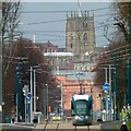 SK5738 : Tram with St Mary's Church by Alan Murray-Rust