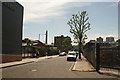 View of the Big Yellow Self Storage Unit Bow chimney and Alpha Works on Smeed Road from Stour Road