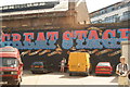 View of the "Great Stage" wall art at the rear of Swan Wharf on Dace Road