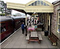 Bench and picnic bench on platform 1, Winchcombe railway station