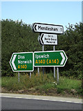 TM1165 : Roadsigns on the A140 Ipswich Road by Geographer
