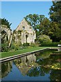 SP0327 : Sudeley Castle - Lily pond reflecting the Tithe Barn by Rob Farrow