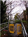 Yellow gates across a path to a telecoms mast, Albrighton