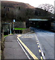 Bus stop, bus shelter and railway bridge, Abercynon