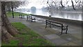 Seats by a misty Thames at Strand-on-the-Green