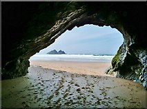 SW7660 : Looking out of the cave entrance to Gull Rocks, Holywell Beach by Derek Voller