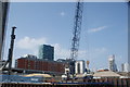 View of flats on Stratford High Street from the River Lea Navigation