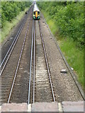 TQ3117 : Down train from Burgess Hill approaches bridge carrying bridleway by Shazz
