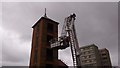 View of the bucket of the fire engine being raised up to the tower in Barking Fire Station