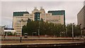 View of the MI6 building from a Strawberry Hill-bound train at Vauxhall Station