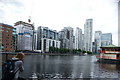 View of buildings in Canary Wharf from Millwall Inner Dock