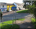 Blue direction signs at the end of a canalside path,  Pontnewydd, Cwmbran