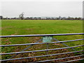ST3896 : Usk Crimewatch Area notice on a field gate, Llantrisant, Monmouthshire by Jaggery