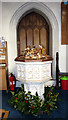 TG2312 : St Margaret's church, Old Catton - baptismal font by Evelyn Simak