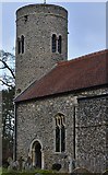 TM1485 : Gissing, St. Mary's Church: The 54 feet high Norman round tower by Michael Garlick