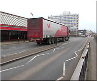 SJ7154 : Smeets Ferry lorry passes the main entrance to Crewe railway station by Jaggery