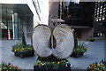 View of an apple sculpture in the courtyard of the UBS building on Appold Street