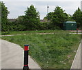 Grass triangle and dark green electricity substation, Rodney Road, Newport