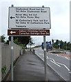 Bilingual information on a Rover Way direction sign, Cardiff