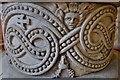 Stone, St. John the Baptist Church: The magnificent Norman font, bowl stem detail  2