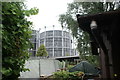 View of flats in the shape of a gasholder from Camley Street Nature Park