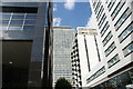 View of the building next to the J. P. Morgan building in Canary Wharf from Admirals Way