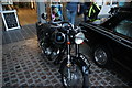 View of a classic motorcycle in Greenwich Market for the Mean Old Timers meet-up