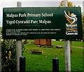 Bilingual school name sign facing Wavell Drive, Malpas, Newport