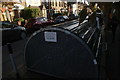 View of a Nissen-hut like bike storage shed on Rensburg Road