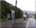 Telephone box and bus stop by A466 in Llandogo