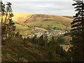 View of Blaengarw over felled timber in the Garw Forest