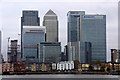 Houses at Coldharbour dwarfed by Canary Wharf