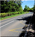 Zigzag yellow markings on the A479 near the former village school, Cwmdu, Powys 