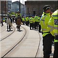 SJ8397 : Police horses on the tramlines by Gerald England