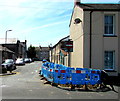 Blue temporary barriers on the corner of South Market Street and East Market Street, Newport