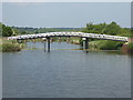 SJ5877 : River Weaver - footbridge with sluices beyond by Chris Allen
