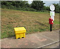 Yellow grit/salt box and red postbox, Pont Abraham Services, Carmarthenshire