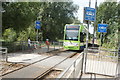 View of a tram crossing the footpath leading into Morden Hall Park