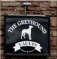 Greyhound Vaults name sign, Market Street, Abergavenny