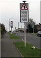 Warning sign - oncoming vehicles in middle of road, Merlin Crescent, Bridgend