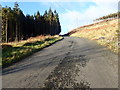 The dead end unnamed road leading from the B113 approaching the junction with the descending Forest Park road