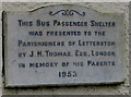 SM9429 : 1953 memorial plaque on a Letterston bus shelter by Jaggery
