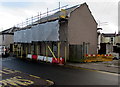 Scaffolding and sheeting on a Russell Street house, Pontnewydd, Cwmbran