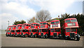 Line-up of RT buses outside Barking bus garage