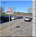 Warning sign - two way traffic 30 yards ahead, High Street, Bargoed